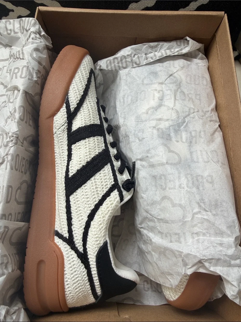Project Cloud Women’s White & Black Knit Sneakers with Gum Sole